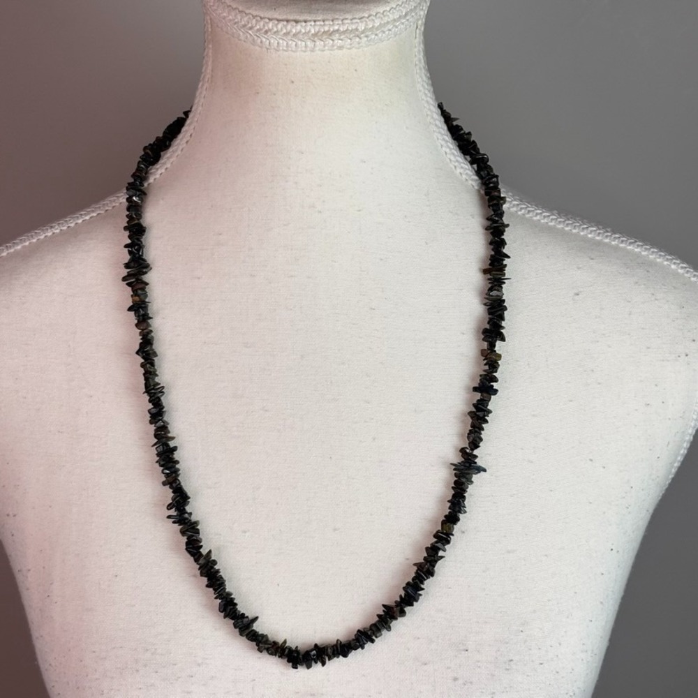 VTG Black Agate Stone/Nugget Stand‎ 14" Necklace Barrel Clasp